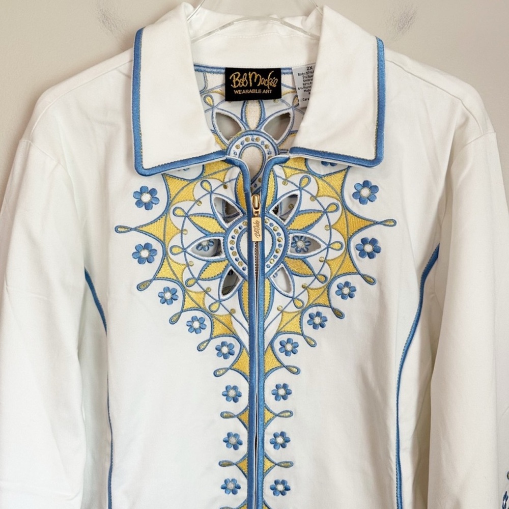 Vintage Bob Mackie Wearable Art Embroidered Laser Cut 3/4 Sleeves Jacket Size L